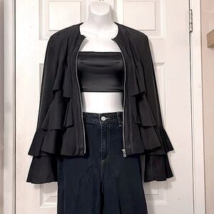 INC International Concepts Black Layered Micro Suede Ruffle Zipper Jacket Sz S